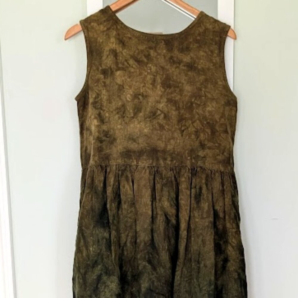 S/M Earthy Olive Green Katie Diamond Wolff Linen Sleevless Dress with Pockets